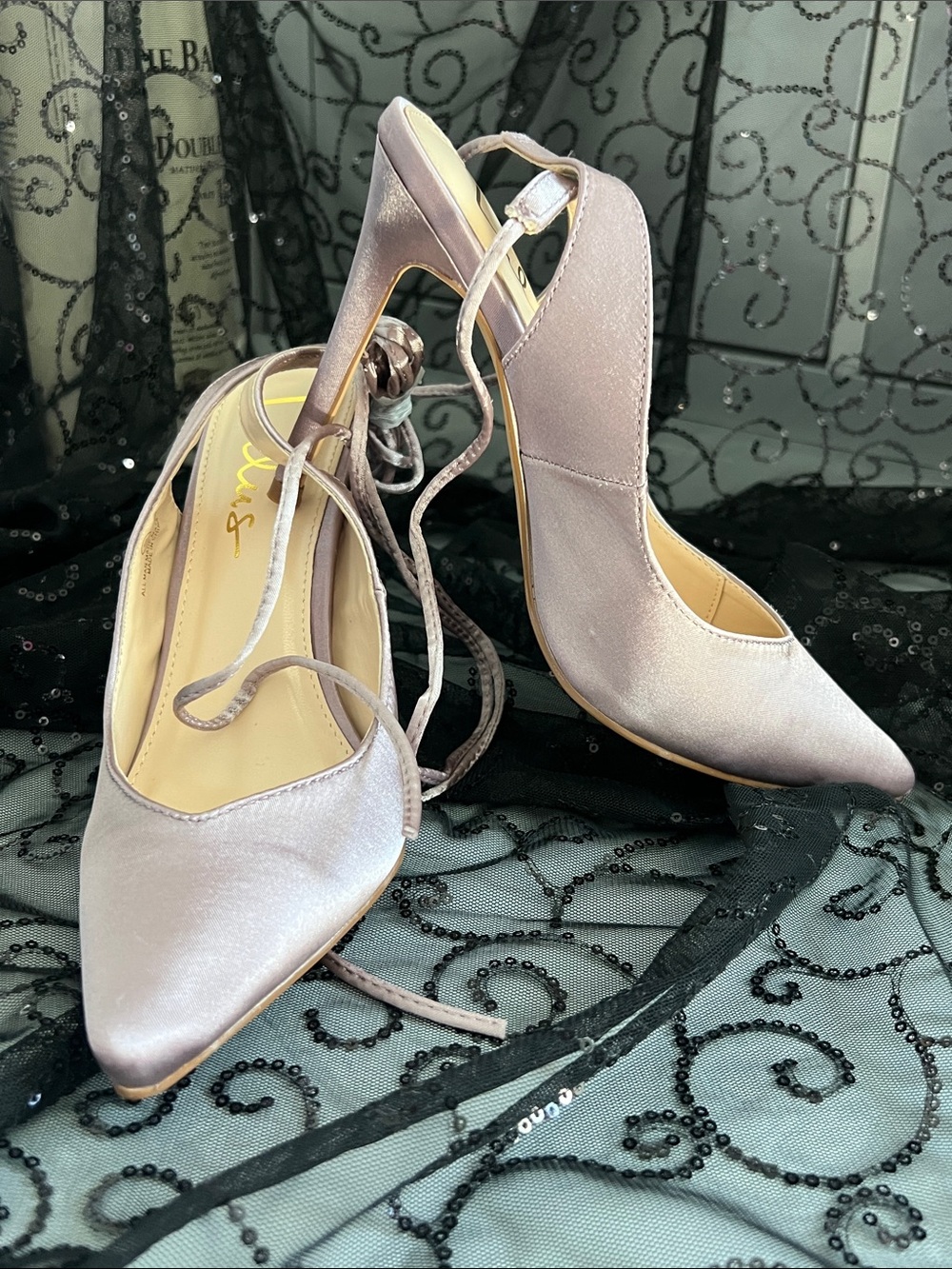 Mauve Satin Ankle-Laced Satin Slingback Stiletto Heels